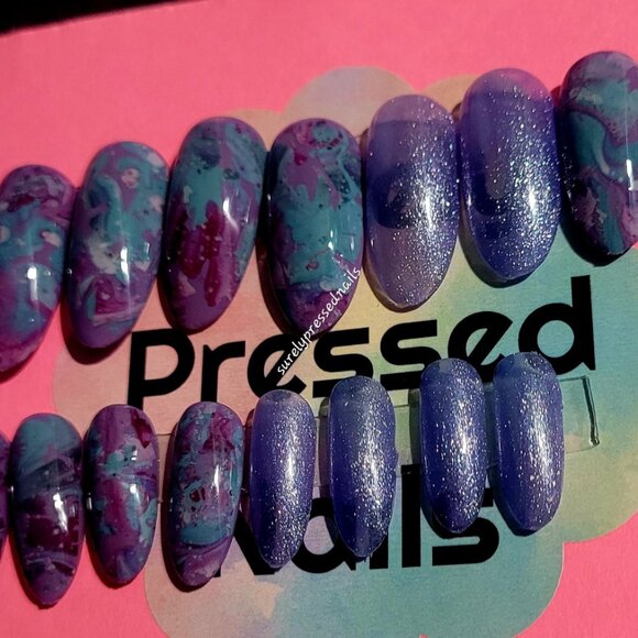 Oval Purple Shimmer Marbled Design Press on Nails - Picture 3 of 3